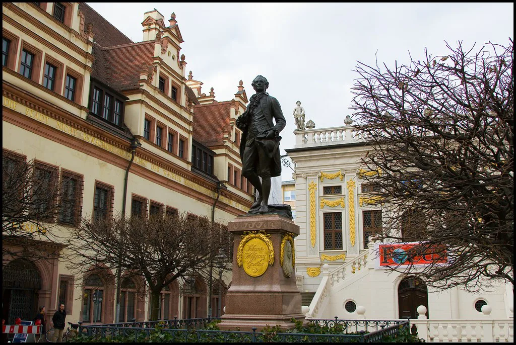 The Goethe monument on the Naschmarkt beside the Old Stock Exchange, Leipzig.