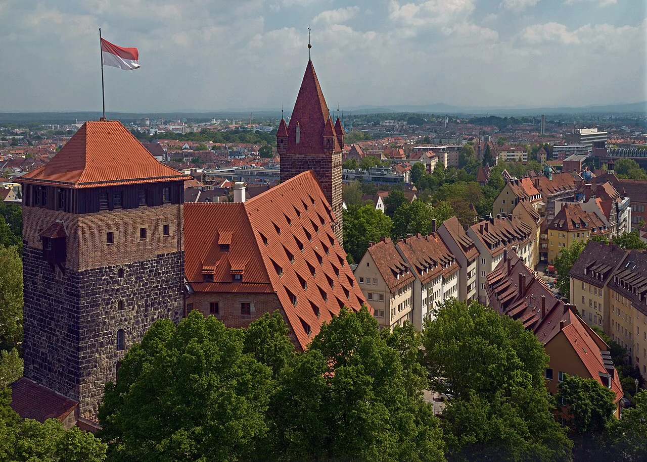 The Pentagonal Tower, Imperial Stables and Luginsland tower seen from Nuremberg Castle.