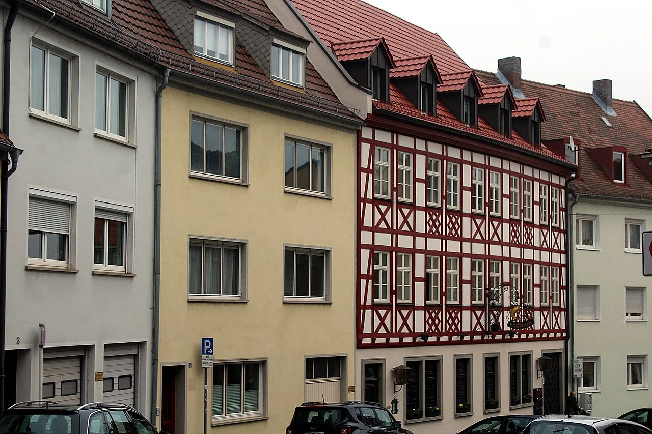 The restaurant Schiffbäuerin among old town houses, Würzburg.
