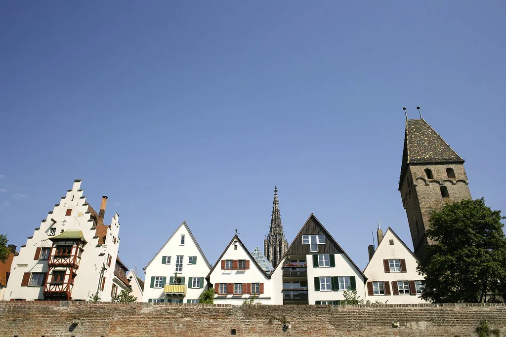 Gabled old-town houses below the Ulm Minster spire, Ulm.