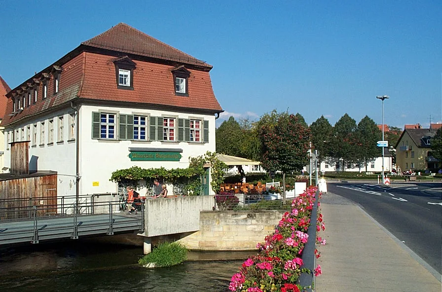 The former Bischofsmühle, now an inn, beside the Regnitz on Geyerswörthstraße, Bamberg.