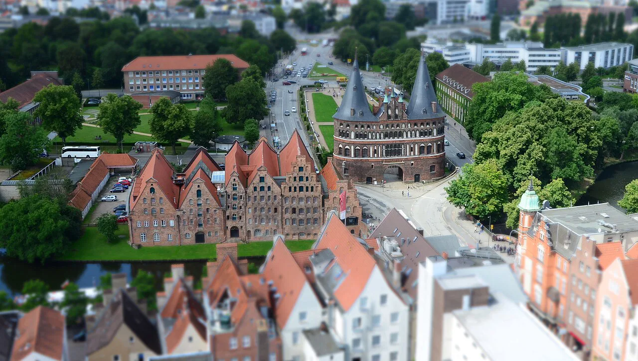 Lübeck's old town with the Holstentor and salt storehouses from above.