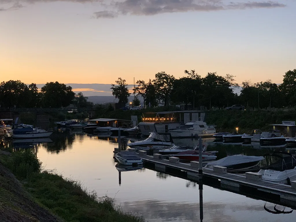 Boats in the Winterhafen at sunset, Mainz.