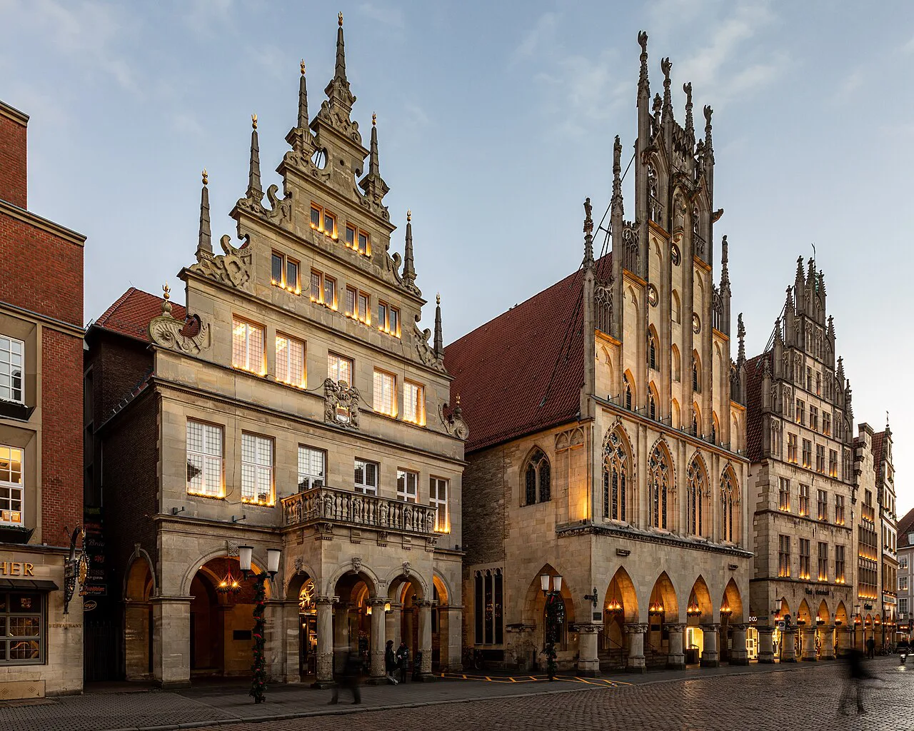 The Stadtweinhaus and historic town hall on the Prinzipalmarkt at dusk, Münster.
