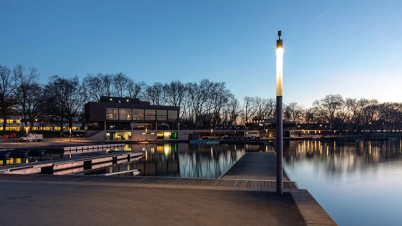 Restaurants on the Aasee shore at dusk, Münster.