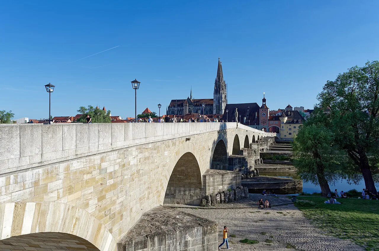 The Stone Bridge over the Danube with the cathedral spires behind, Regensburg.