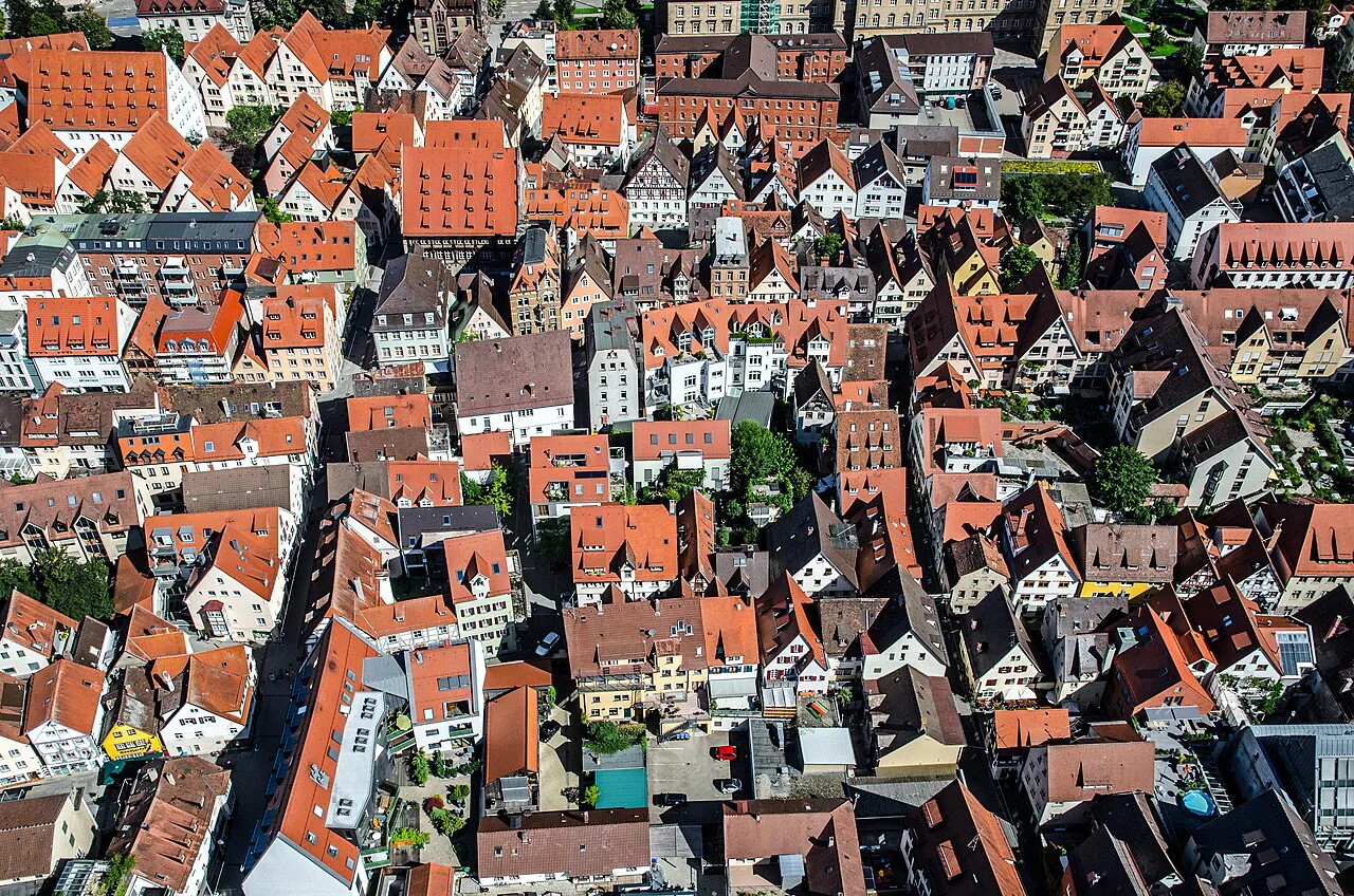 Aerial view of Ulm's old town rooftops.