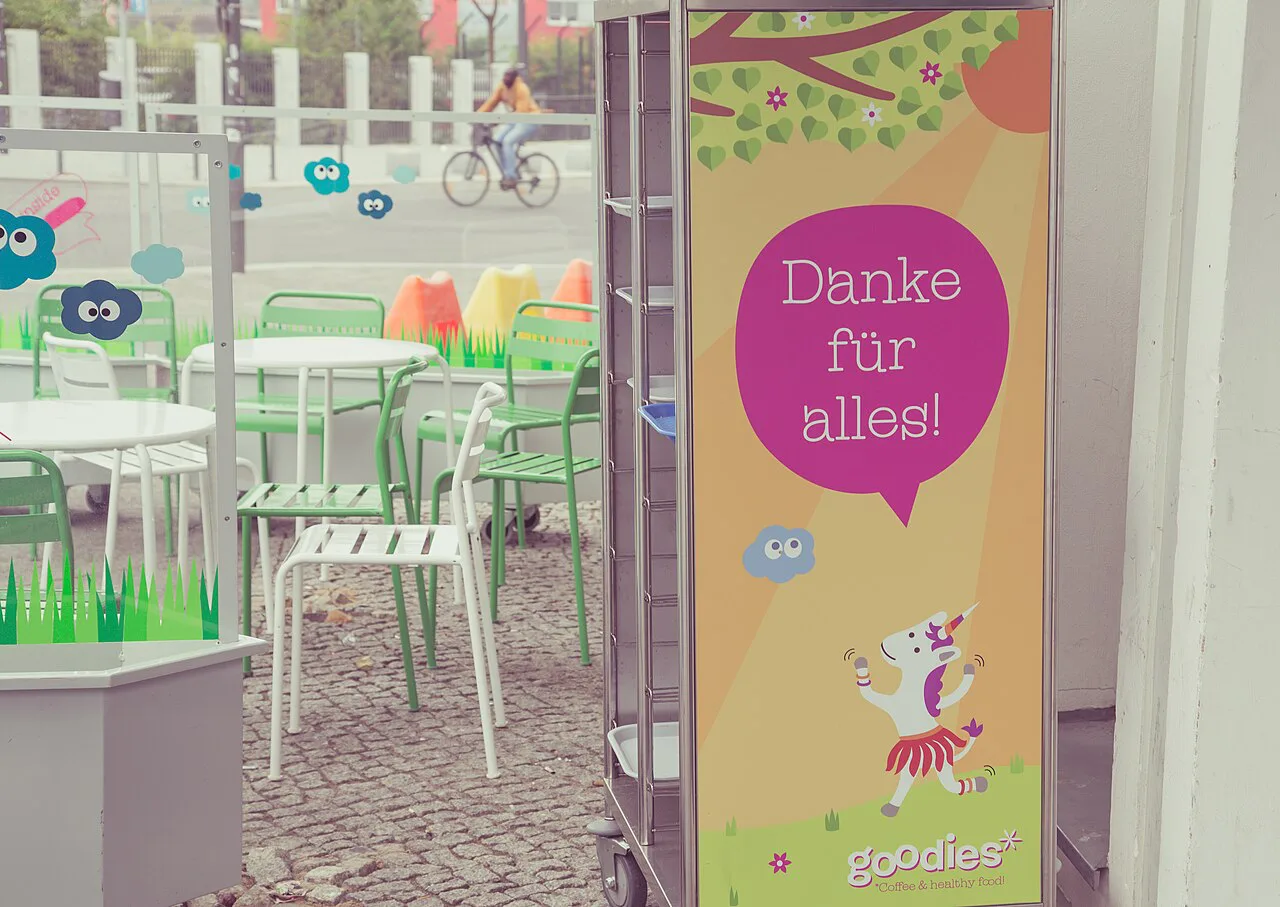 Patio of the Goodies vegan café at Veganz on Warschauer Straße, Berlin.