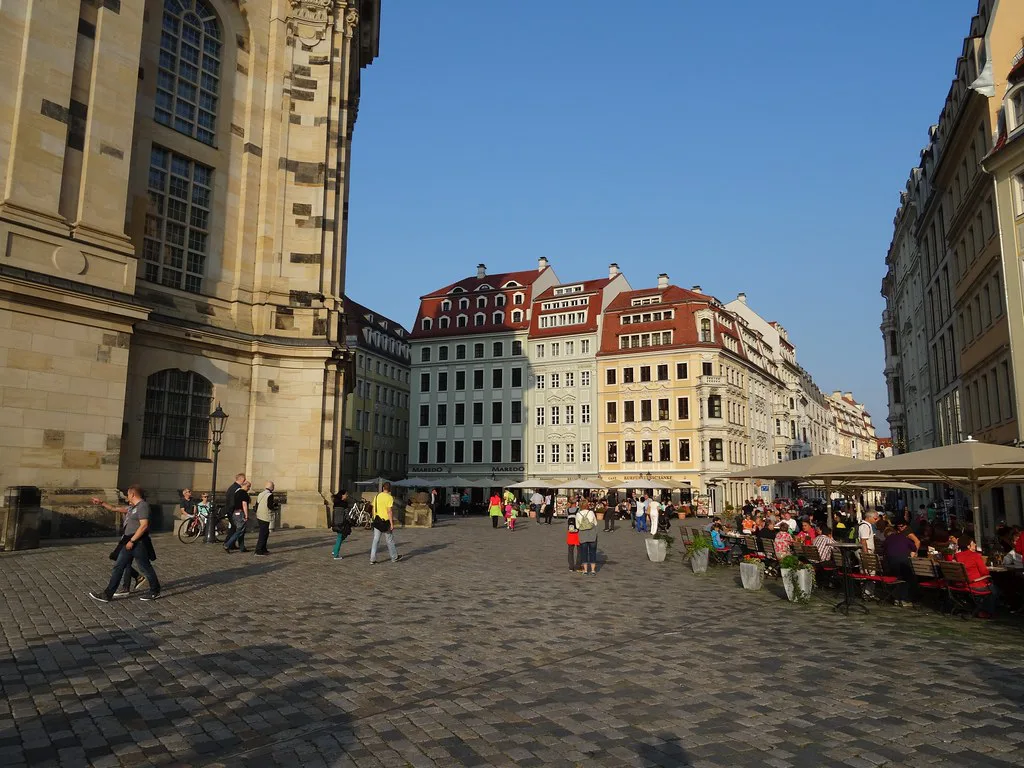 Café terraces on Neumarkt in the old town, Dresden.