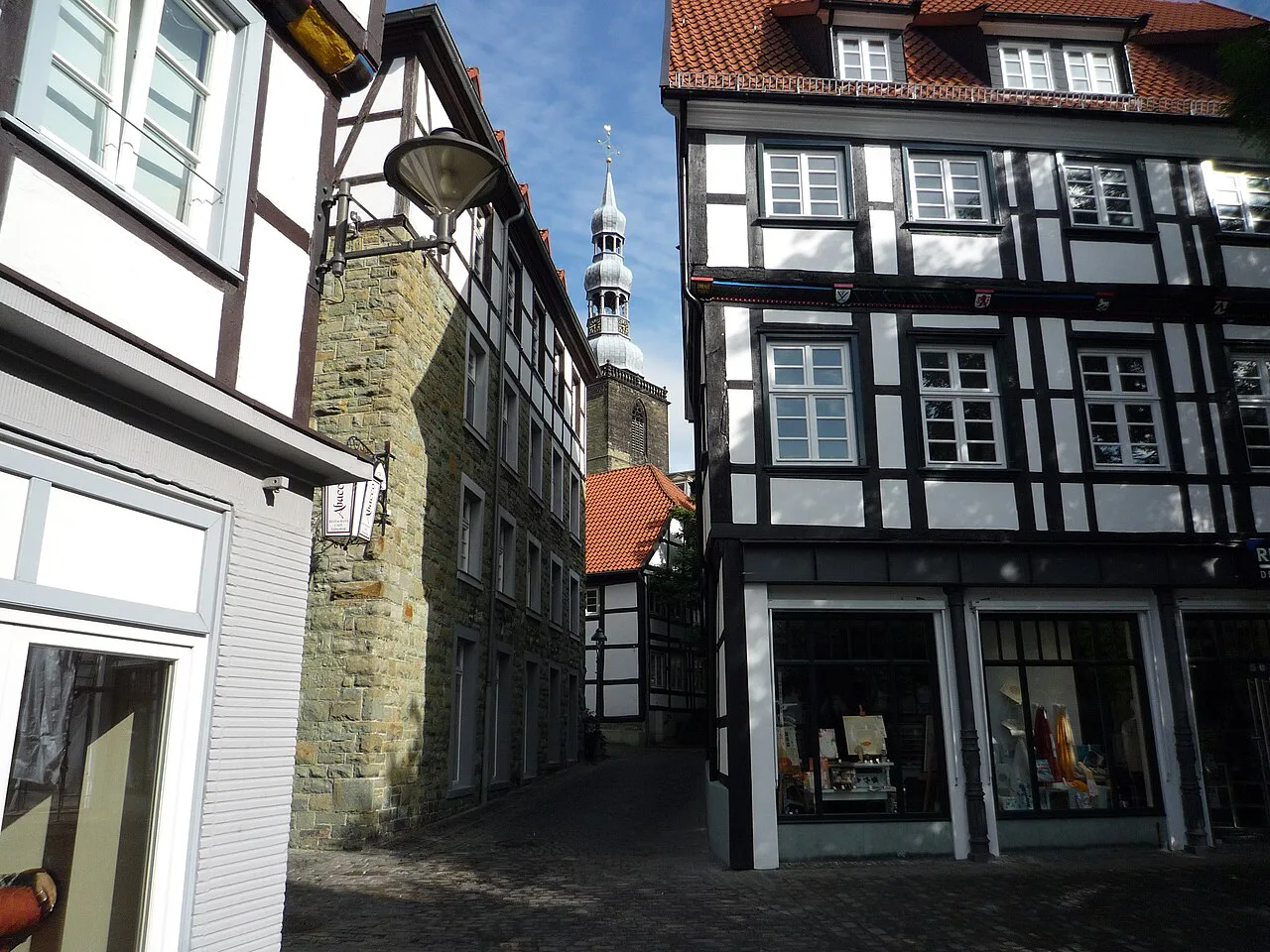 Half-timbered houses below St. Petri church in the old town of Soest, Westphalia.