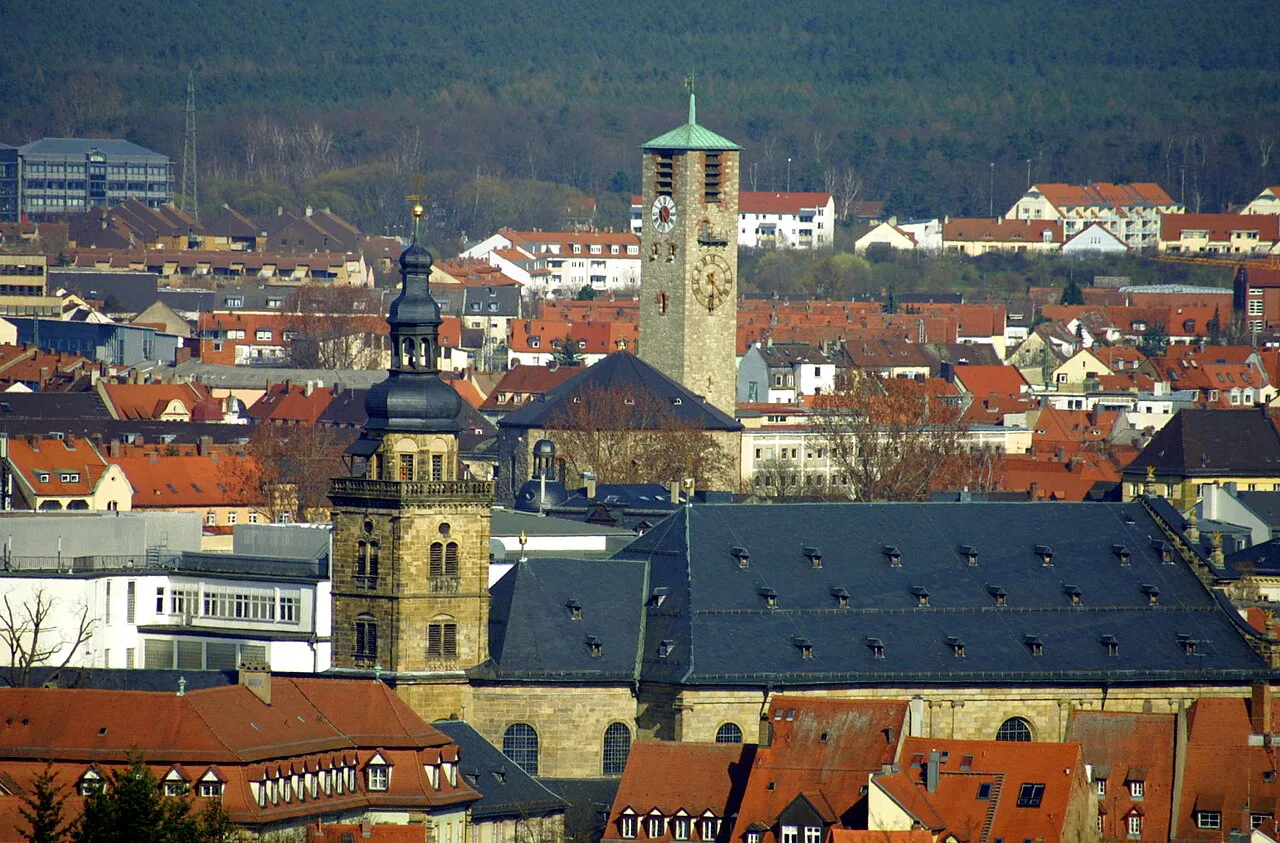 Red-tiled rooftops and church towers of Bamberg's old town.