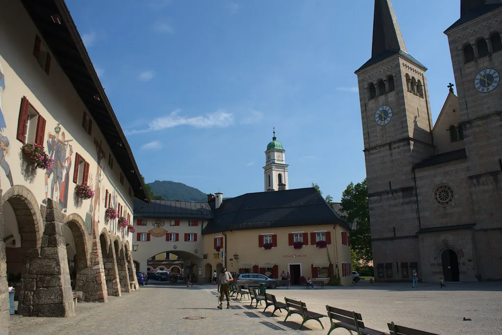The Schlossplatz with its arcades and church towers, Berchtesgaden.