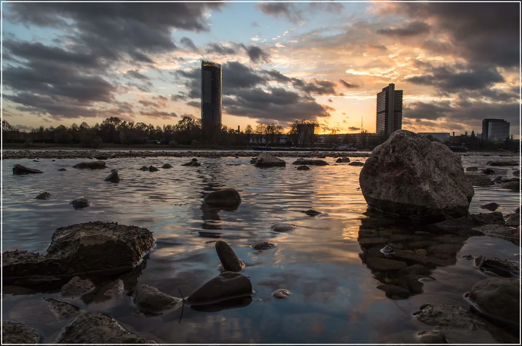 The Rhine at sunset with the Post Tower on the skyline, Bonn.
