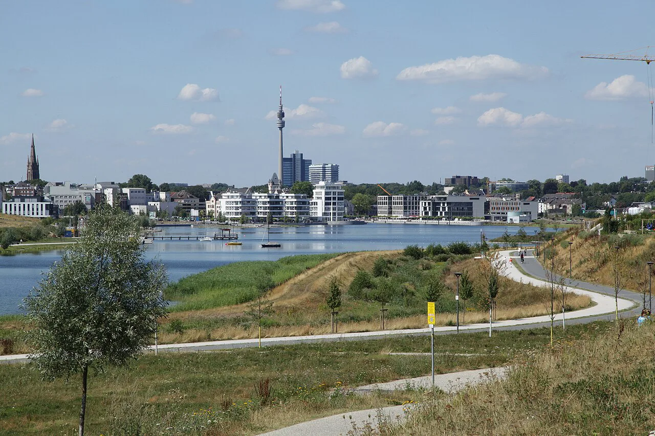 Phoenix-See lake and Hörde seen from the Kaiserberg, Dortmund.