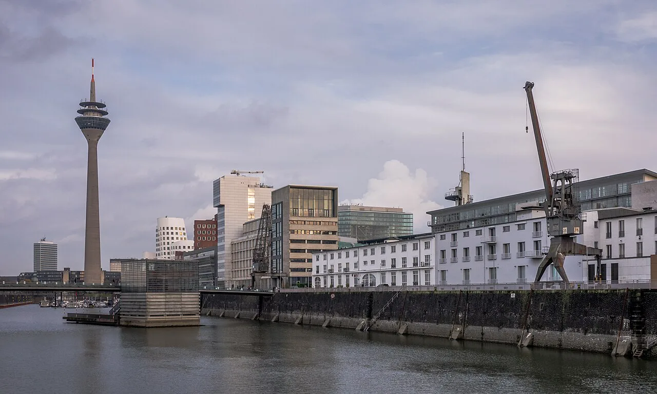 The Handelshafen harbor with the Rhine Tower, Düsseldorf.