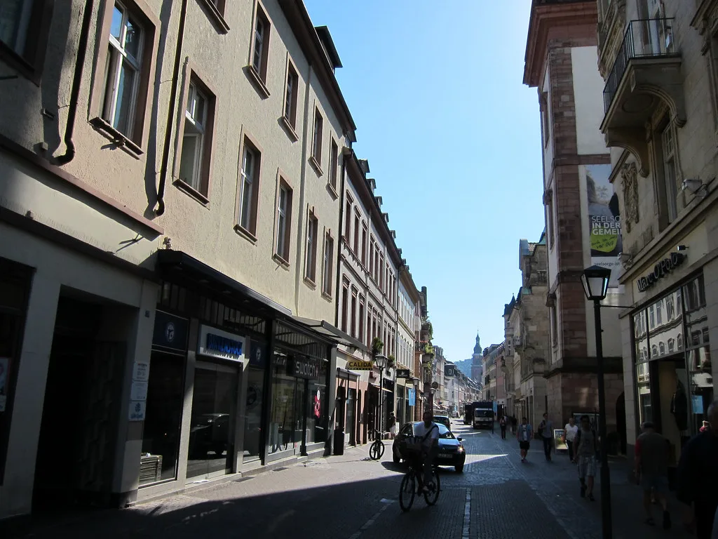A sunny street in Heidelberg's old town.