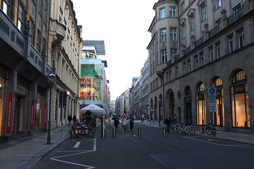 A pedestrian shopping street in central Leipzig.
