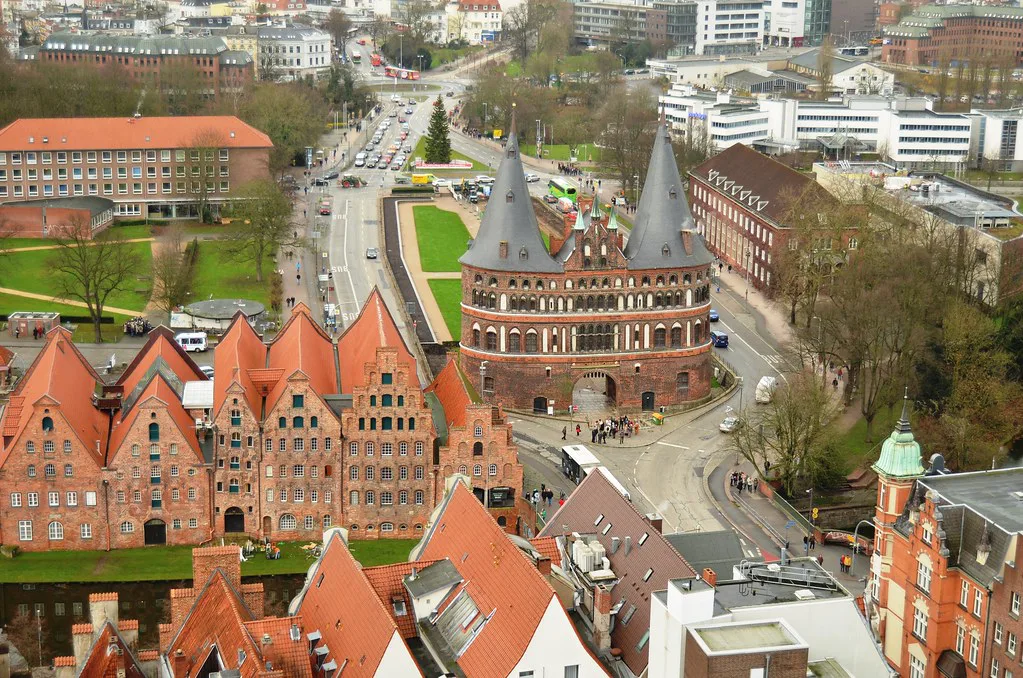 The Holstentor and the old salt storehouses seen from above, Lübeck.