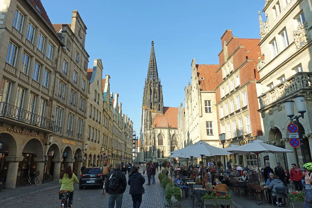 Café terraces on the Prinzipalmarkt below St. Lambert's Church, Münster.