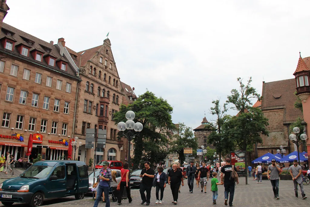 A busy pedestrian street in Nuremberg's old town.