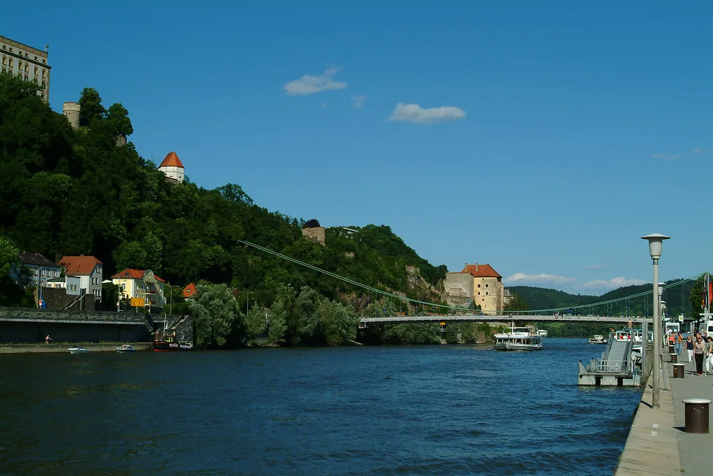 The riverside and wooded hills of Passau.