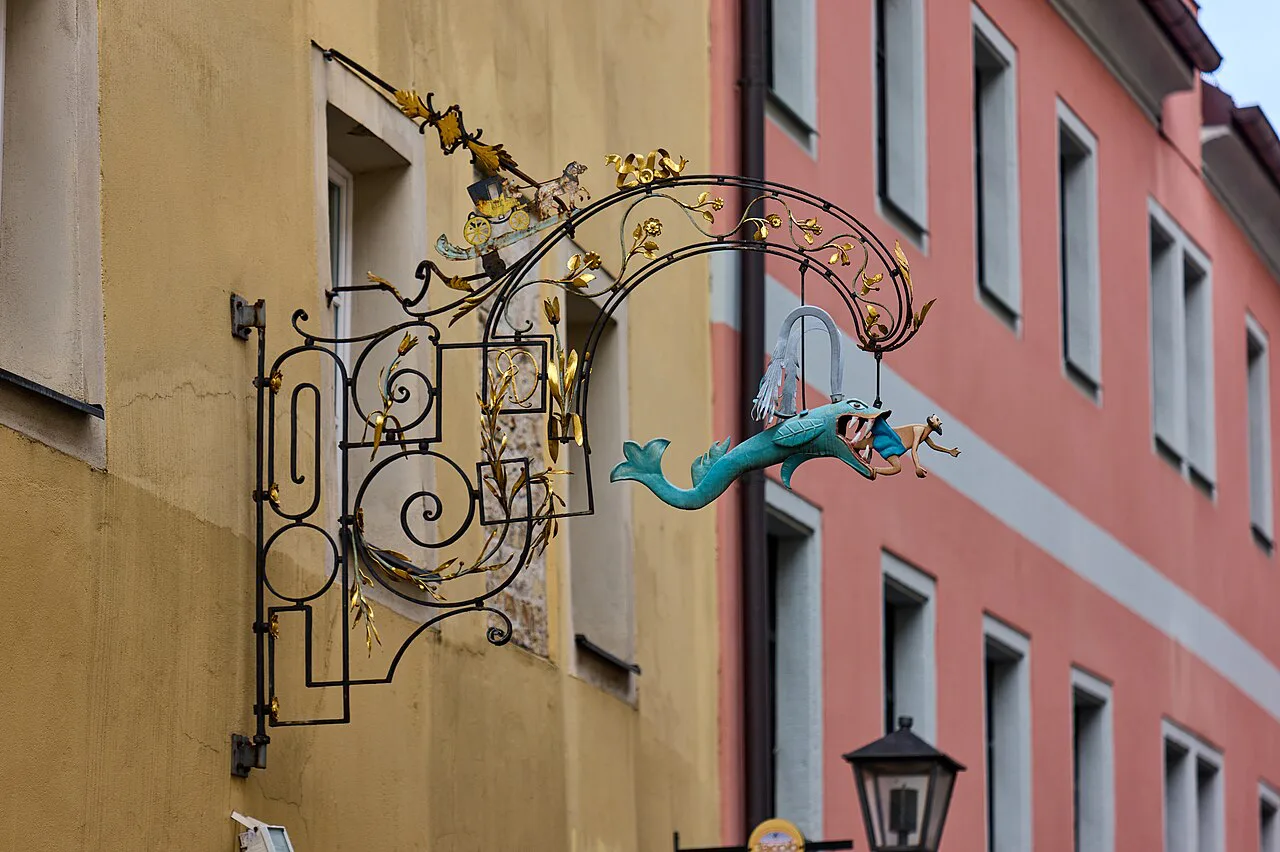 The wrought-iron sign of Gasthaus Zum Walfisch, Regensburg.