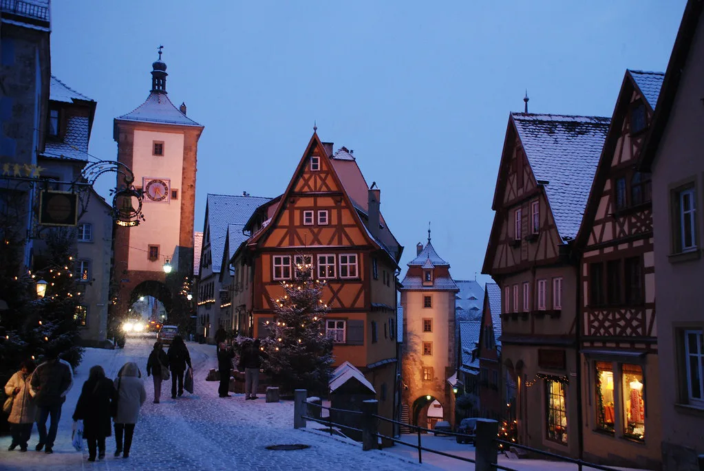 The Plönlein at a winter dusk, Rothenburg ob der Tauber.
