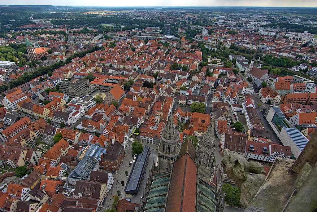 Old-town rooftops seen from the Ulm Minster tower, Ulm.