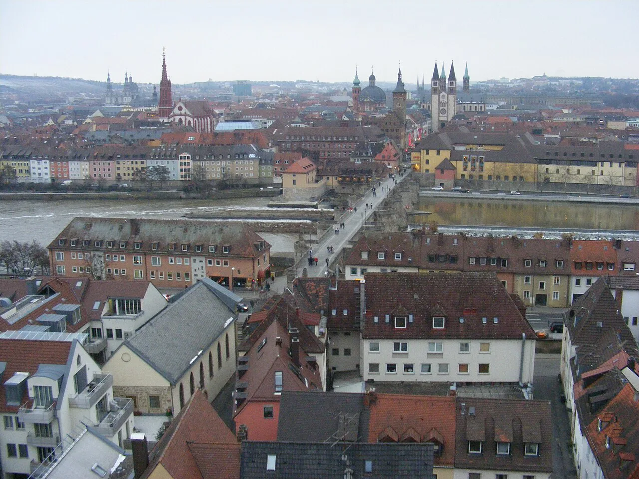 Würzburg's old town and churches seen above the Old Main Bridge.
