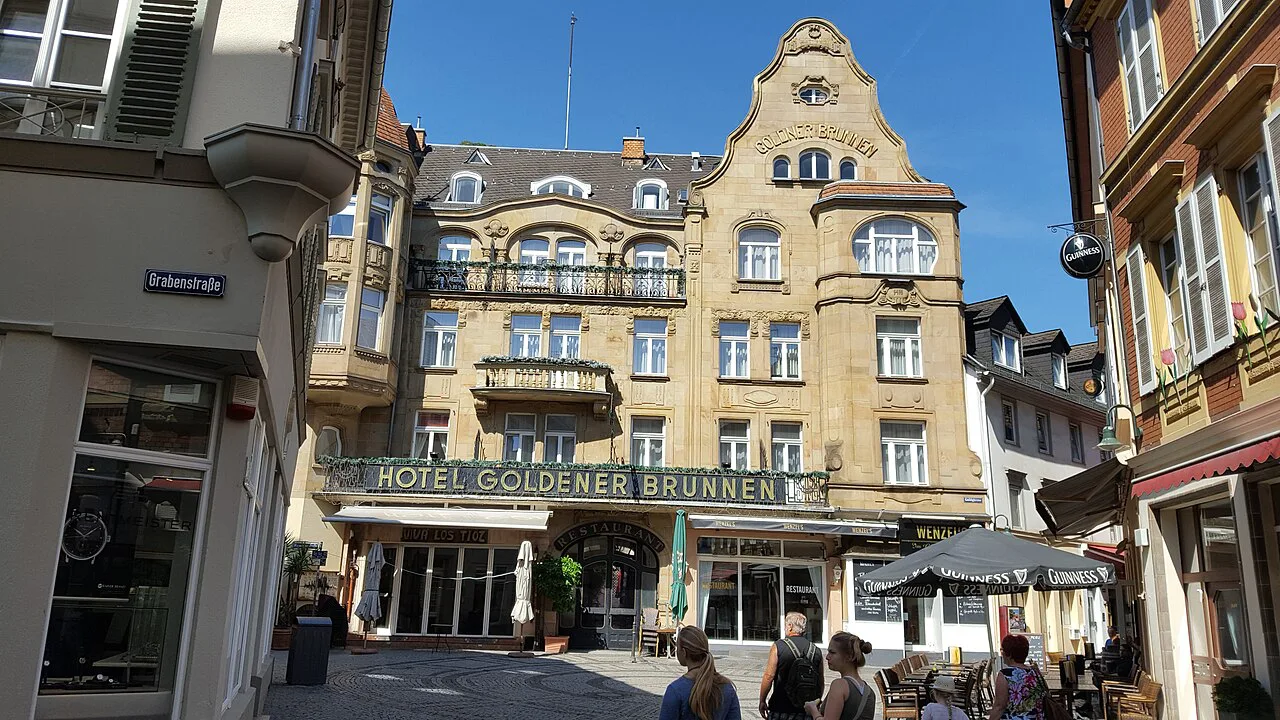 The Schiffchen corner and Hotel Goldener Brunnen in the old town, Wiesbaden.
