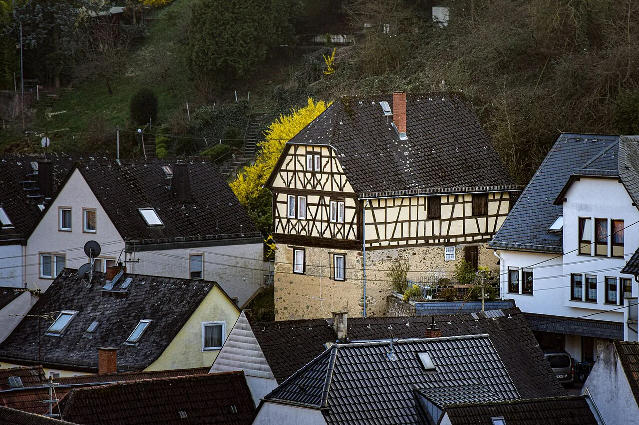Half-timbered Falkersches Haus seen from the castle in Wiesbaden-Frauenstein.