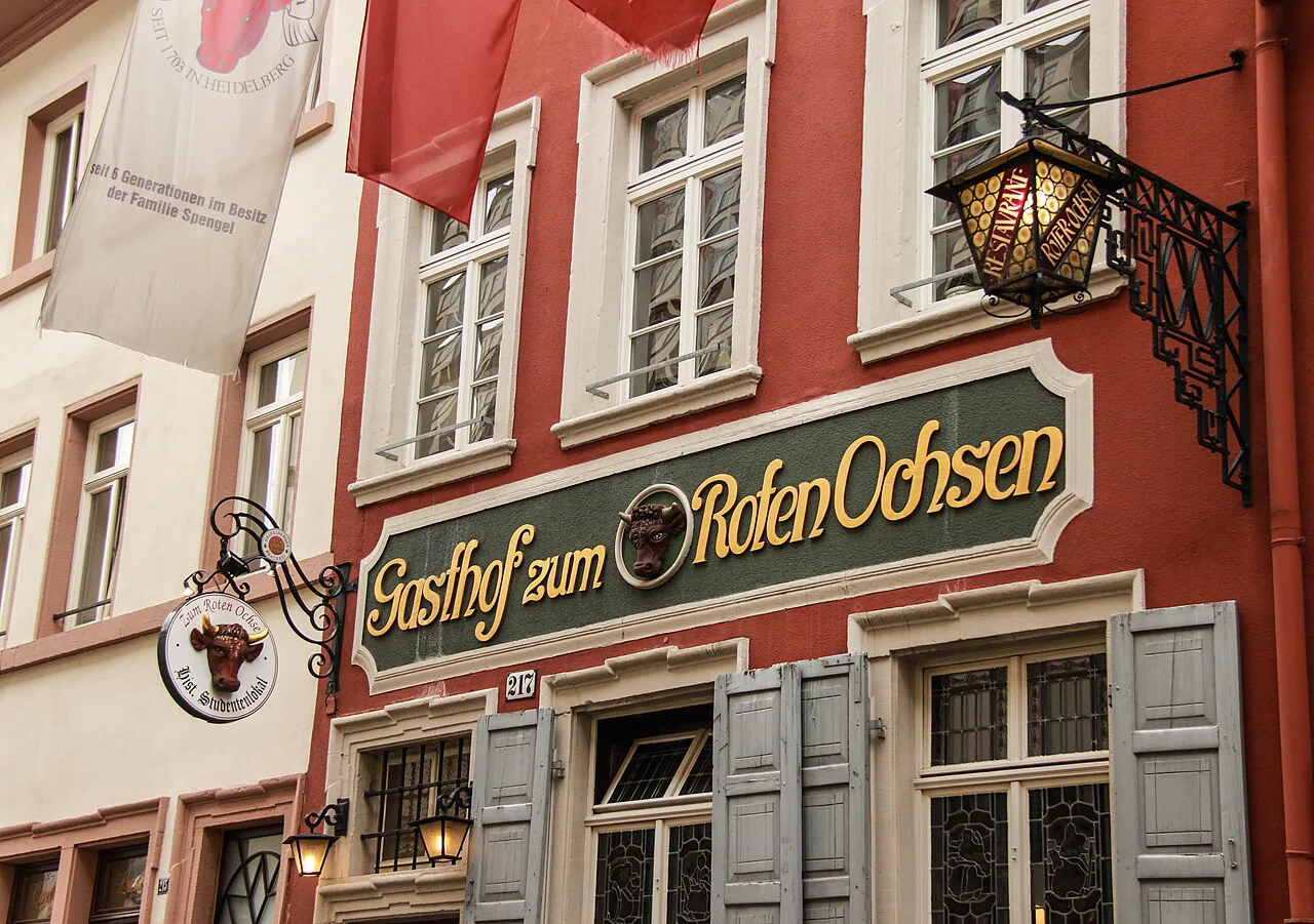 The facade of Gasthof Zum Roten Ochsen on Hauptstraße, Heidelberg.