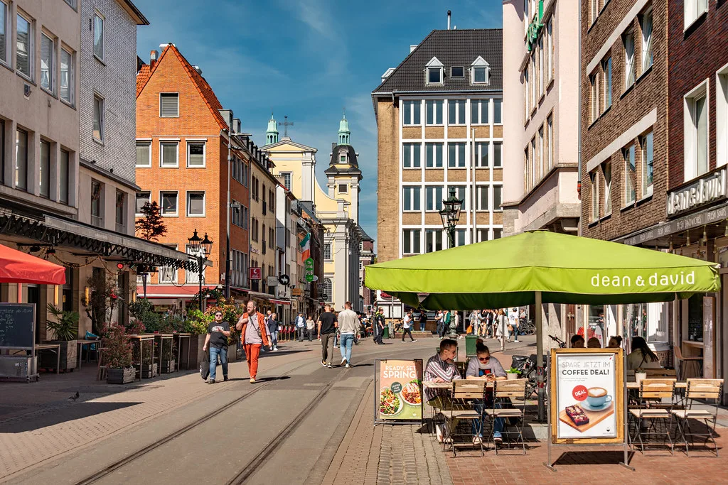 Café terraces on Hunsrückenstraße in the old town, Düsseldorf.
