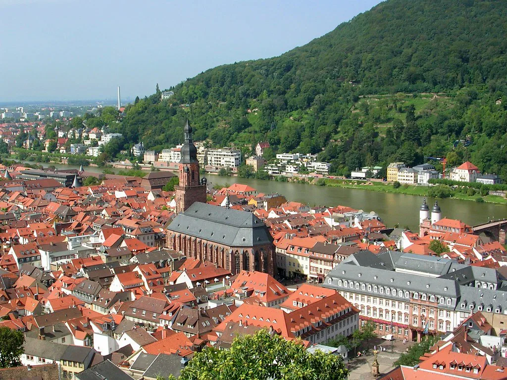Heidelberg's old town and the Church of the Holy Spirit seen from the castle.